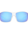 Kickin Up Dust With These Slick Z87 Rated Safety Sunglasses Featuring Polarized Anti Glare Lenses UV400 Protection Hella Comfortable Wraparound Fit For Driving Riding And Outdoor Work In Matte Clear Blue Mirror. Front view of sunglasses with matte clear frame and polarized blue mirror lenses.