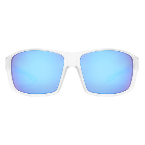 Kickin Up Dust With These Slick Z87 Rated Safety Sunglasses Featuring Polarized Anti Glare Lenses UV400 Protection Hella Comfortable Wraparound Fit For Driving Riding And Outdoor Work In Matte Clear Blue Mirror. Front view of sunglasses with matte clear frame and polarized blue mirror lenses.