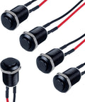 Five Pack 12mm Latching Push Button Switches With Raised Head On Off Normally Open Pre Soldered Cable Aluminum Alloy Shell