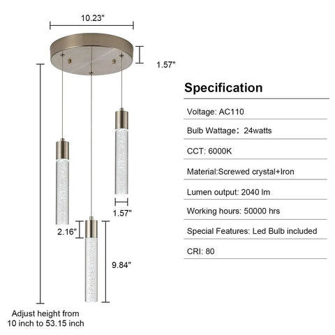 Specifications of Three Light Pendant Fixture In Sleek Silver Finish, dimensions and materials, three hanging lights shown