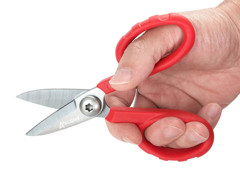Hand holding Five And A Half Inch Carbon Steel Shears Built For Kevlar, Dyneema, Spectra, Vectran, Nomex, Technora, ultra sharp blades