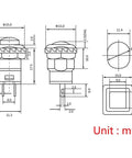 Technical drawing of 12mm mini latching push button on off switch with prewired 2 pin 12V wires, dimensions included