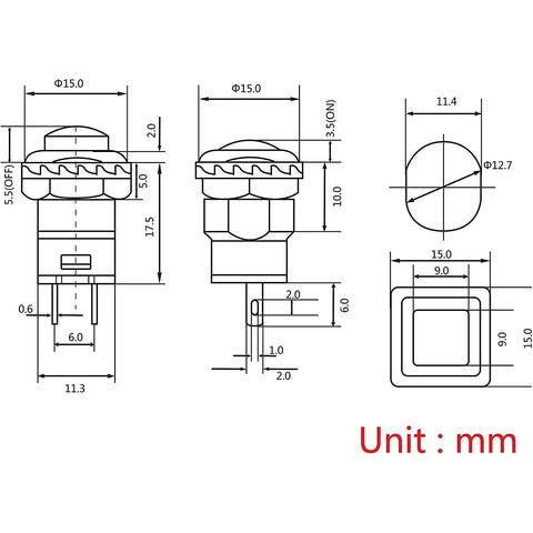 Technical drawing of 12mm mini latching push button on off switch with prewired 2 pin 12V wires, dimensions included
