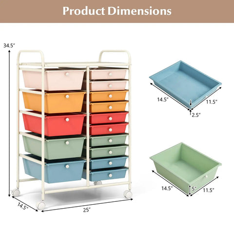 15 Drawer Rolling Storage Cart With Lockable Wheels And Removable Drawers, multipurpose utility organizer with colorful drawers