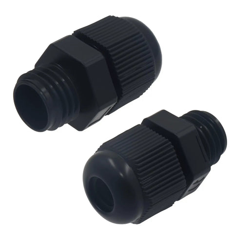 Two Pack 1/2NPT Weldless Thermowell Temperature Sensor in Stainless Steel With Nylon Cable Gland, black, side and angled view.