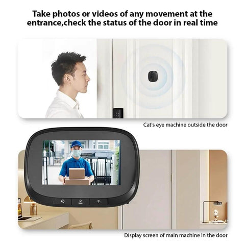 Smart Video Doorbell Camera With 4.3 Inch Display, WiFi Door Peephole Monitor showing delivery person on screen, Tuya App Connected