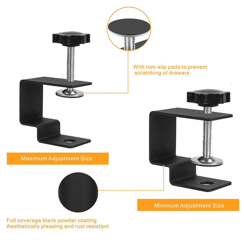 Adjustable Drawer Front Installation Clamps Kit With Rock Solid Bow Construction Dead Simple No Sweat Quick Fit Cabinet Hardware Jig C Clamps For Woodworking Easy Mounting Tool Two Black Pieces, showing detailed clamp adjustment features.