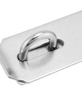 Padlock hasp latch in stainless steel on mounting plate with U-shaped staple (front view)