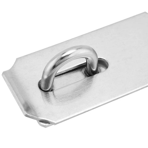 Padlock hasp latch in stainless steel on mounting plate with U-shaped staple (front view)