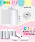 12 Rolls Instant Print Paper for Kids Cameras Refill Thermal Photo Paper Rolls 2.2 in by 20 ft Each Roll Printing About 75 to 90 Photos White Paper Compatible with Most Kids Instant Cameras, 12-roll pack dimensions