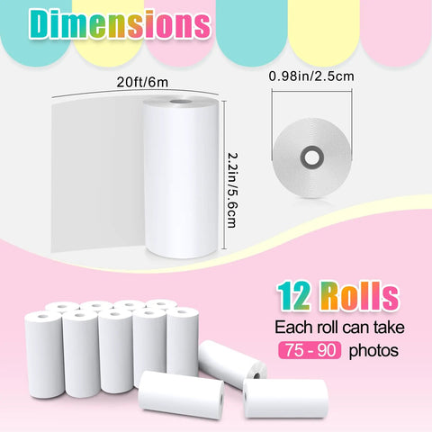 12 Rolls Instant Print Paper for Kids Cameras Refill Thermal Photo Paper Rolls 2.2 in by 20 ft Each Roll Printing About 75 to 90 Photos White Paper Compatible with Most Kids Instant Cameras, 12-roll pack dimensions
