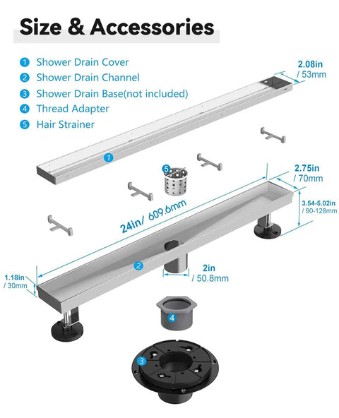 No-Fuss 2 In 1 Linear Shower Drain 24 Inch Brushed Nickel Stainless Steel Floor Drain With Tile Insert Grate diagram