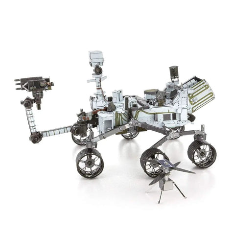 Metal Earth Mars Rover Perseverance And Ingenuity Helicopter 3D Metal Model Kit, detailed steel model on white background.