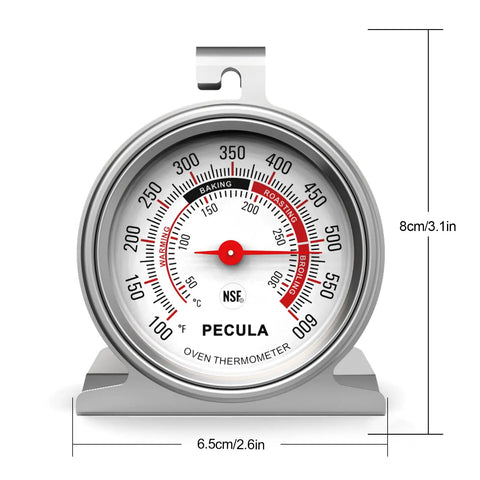 Stainless Steel Oven Thermometer With Large Dial For Instant Read Temperature From 50C To 300C Or 100F To 600F shown with measurements
