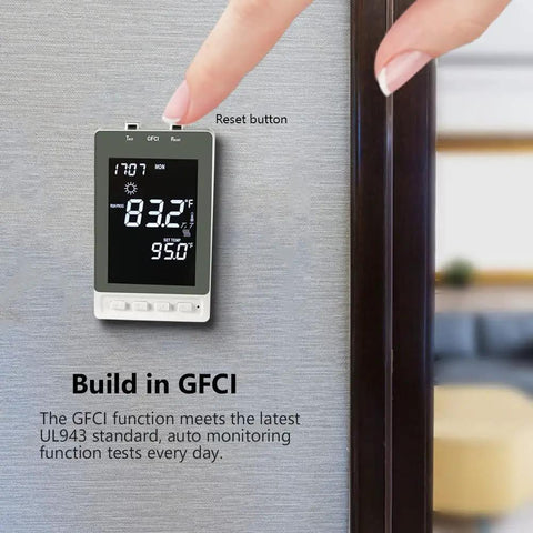 Programmable Thermostat For Electric Floor Heating With Alarm And Built In GFCI, Large Backlit LCD Display shown on wall