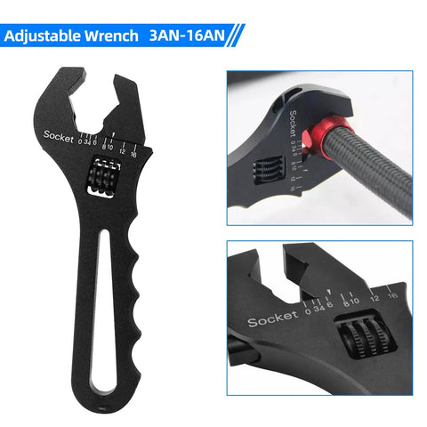 Adjustable Aluminum Fitting Wrench For AN Hose Fittings 3AN Through 16AN Ultra Lightweight Spanner Tool, black metallic finish.