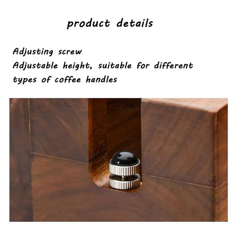 Adjusting screw detail of sturdy wood espresso tamper holder for 58mm portafilters, supports adjustable height.