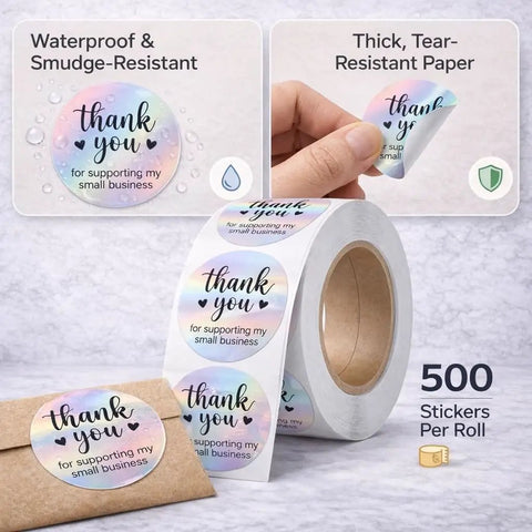 Holographic Thank You For Supporting My Small Biz Stickers 1.5 Inch Round Self Adhesive Waterproof Labels on roll with envelope