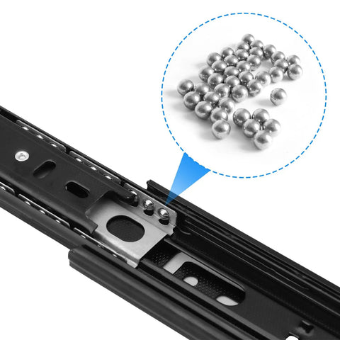 Seven Pair Eight Inch Black Soft Close Drawer Slides Heavy Duty Steel Ball Bearing Gliders showing steel ball bearings and rail detail.