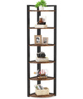 Straight Up Dope Six Tier Corner Shelf And Bookshelf Combining Rustic Wood Grain With Reinforced Steel Frame, showcasing decor items and plants.