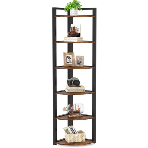 Straight Up Dope Six Tier Corner Shelf And Bookshelf Combining Rustic Wood Grain With Reinforced Steel Frame, showcasing decor items and plants.