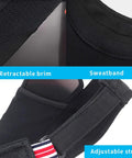 Close-up of black women sun visor hat showing retractable brim, sweatband, adjustable strap. Women Sun Visor Hat With Retractable Brim And Adjustable Fit For Golf Beach And Tennis Use Breathable Lightweight Cap With UV Protection And A Wide Shade For All Day Comfort Go To Black.