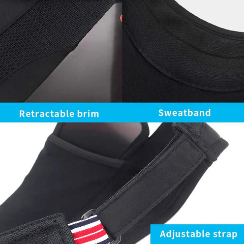 Close-up of black women sun visor hat showing retractable brim, sweatband, adjustable strap. Women Sun Visor Hat With Retractable Brim And Adjustable Fit For Golf Beach And Tennis Use Breathable Lightweight Cap With UV Protection And A Wide Shade For All Day Comfort Go To Black.
