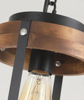 Rustic Farmhouse Pendant Lights Two Pack In Solid Oak And Matte Black Metal Cages detail of wooden top with metal framing.