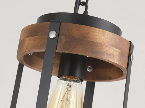 Rustic Farmhouse Pendant Lights Two Pack In Solid Oak And Matte Black Metal Cages detail of wooden top with metal framing.