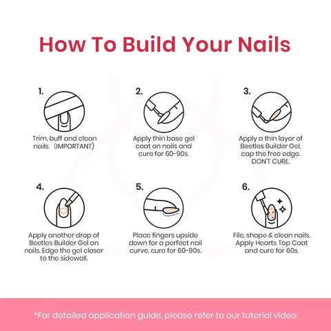 Step-by-step instructions for using Builder Gel Kit with 5 Colors Nude Shimmer Glitter 7 in 1 Hema Free Strengthener Gel With Heart Top Coat