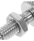 Close-up of Two Pack Straight Up Heavy Duty Knurled Knobs And Indexing Plungers Quick Release Pins stainless steel hardware.