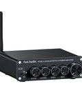 Front view of BT30D Bluetooth 5.0 2.1 Channel Stereo Receiver Amplifier with knobs and antenna, for home and outdoor speakers.
