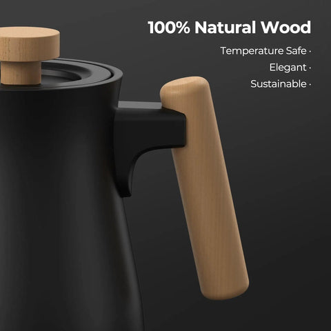 Close-up of Gooseneck Electric Kettle With Precision Temperature Control Within One Degree Fahrenheit 1200W, wood handle.