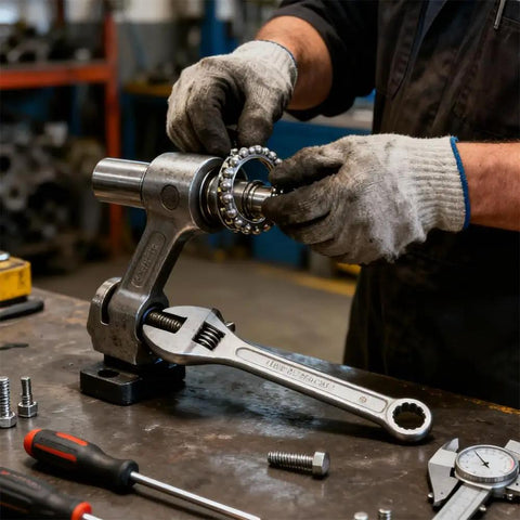 Mechanic working on crank using Five Sets Of Ten Types Bike Bearing Kit With Headset Retainers for repairs.
