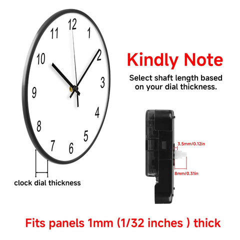 Battery Powered Clock Movement Replacement Kit With High Torque Axis Shaft 8mm No Thread For 1mm Dial thickness guide image