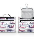Aircraft Pattern Travel Toiletry Bag For Women And Men, Large Capacity 10.2 x 6.5 x 9.2 Inches, shown closed and open with hanger