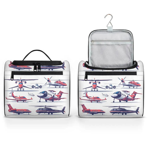 Aircraft Pattern Travel Toiletry Bag For Women And Men, Large Capacity 10.2 x 6.5 x 9.2 Inches, shown closed and open with hanger