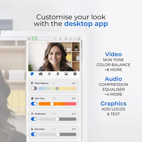 Adjustment features of Total Game Changer 4K Eye Contact Webcam displayed on desktop app for video calls and streaming.