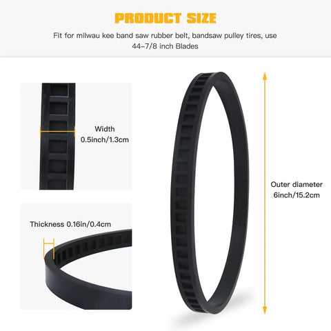 Top Shelf 4 Pack 6 Inch Bandsaw Wheel Tires Dead Nuts Perfect Fit Solid Rubber Cushion, showing dimensions and thickness.