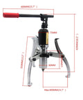 Heavy Duty 5 Ton 3 Jaw Hydraulic Gear Puller With 360 Degree Flexibility, showing detailed measurements and metal construction.