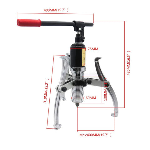 Heavy Duty 5 Ton 3 Jaw Hydraulic Gear Puller With 360 Degree Flexibility, showing detailed measurements and metal construction.
