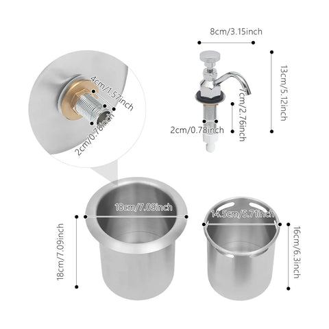 Dipper Well Faucet & Bowl Set with dimensions and fittings, showcasing 304 stainless steel construction for coffee and ice cream usage.