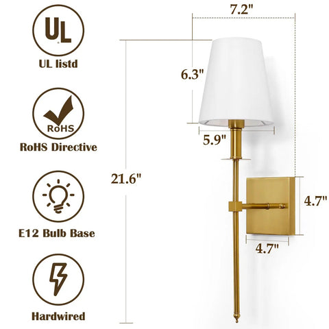 Gold Wall Sconces Set Of 2 Hardwired Dimmable Slick Slim Metal Wall Lighting With Fabric Shades For Bedroom And Living Room Decor