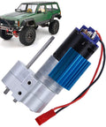 CNC Machined Gearbox Speed Change For RC Cars With 370 Brush Motor next to green WPL C14 RC car, anodized anti-wear housing shown.