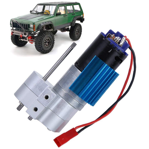 CNC Machined Gearbox Speed Change For RC Cars With 370 Brush Motor next to green WPL C14 RC car, anodized anti-wear housing shown.