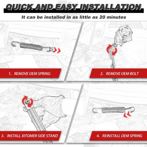 Illustration showing installation steps for Aluminum Dirt Bike Kickstand For CRF250R CRF450X CRF450R CR125 CR250 Motorcycles.