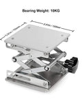 Front view: stainless steel lab scissors jack with 6x6 in square top plate; adjustable height 75–260 mm, 10 kg capacity