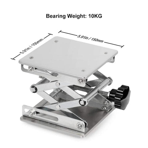 Front view: stainless steel lab scissors jack with 6x6 in square top plate; adjustable height 75–260 mm, 10 kg capacity