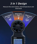 3 In 1 Handheld Wind Meter With Backlight, Ultra Accurate Wind Speed And Temperature Readouts With Beaufort Scale, Perfect For HVAC Pros, Sailing, Fishing, Outdoor Adventures, And Indoor Or Outdoor Use. Black plastic handheld anemometer front view with display.