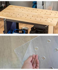 Transparent Acrylic Dog Hole Router Template Jig for Woodworking Pro Grade One Quarter Inch Thick on a workbench.